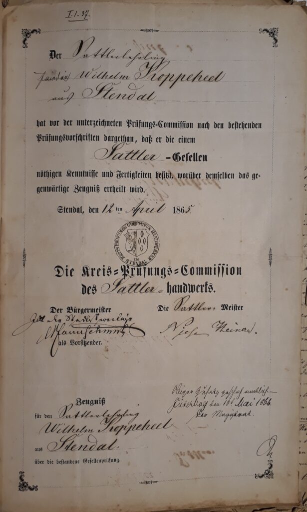 Quelle 3260, 12. April 1865, Gesellenbrief